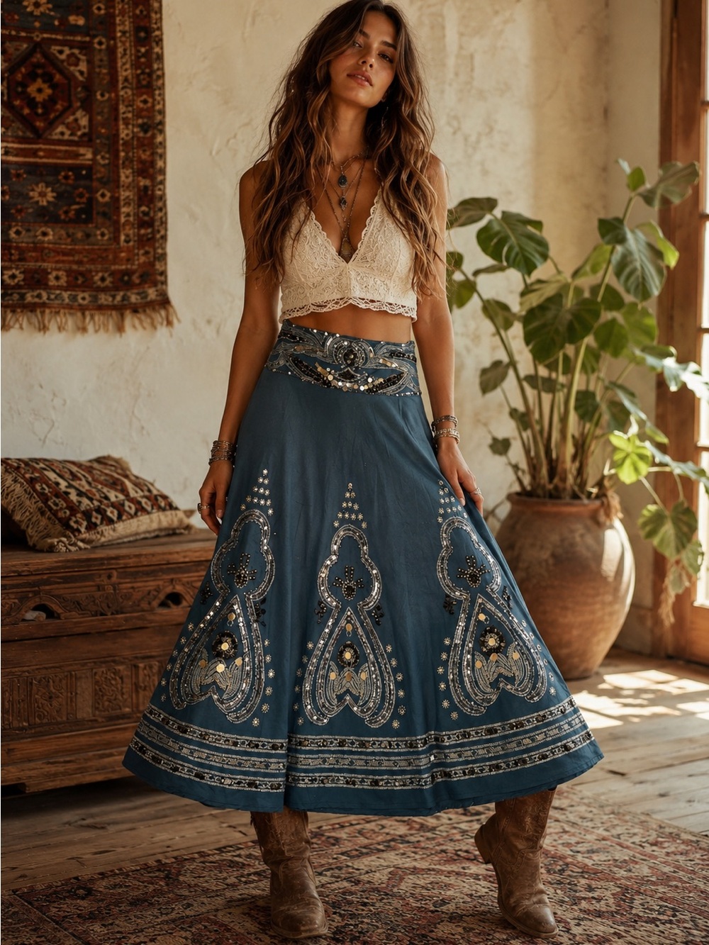 Chic Beaded Bohemian A-Line Skirt Hippie festival boho